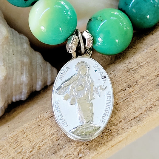 Green Jade 12mm Beaded Bracelet w/ Our Lady of Medjugorje Enameled Silver Medal