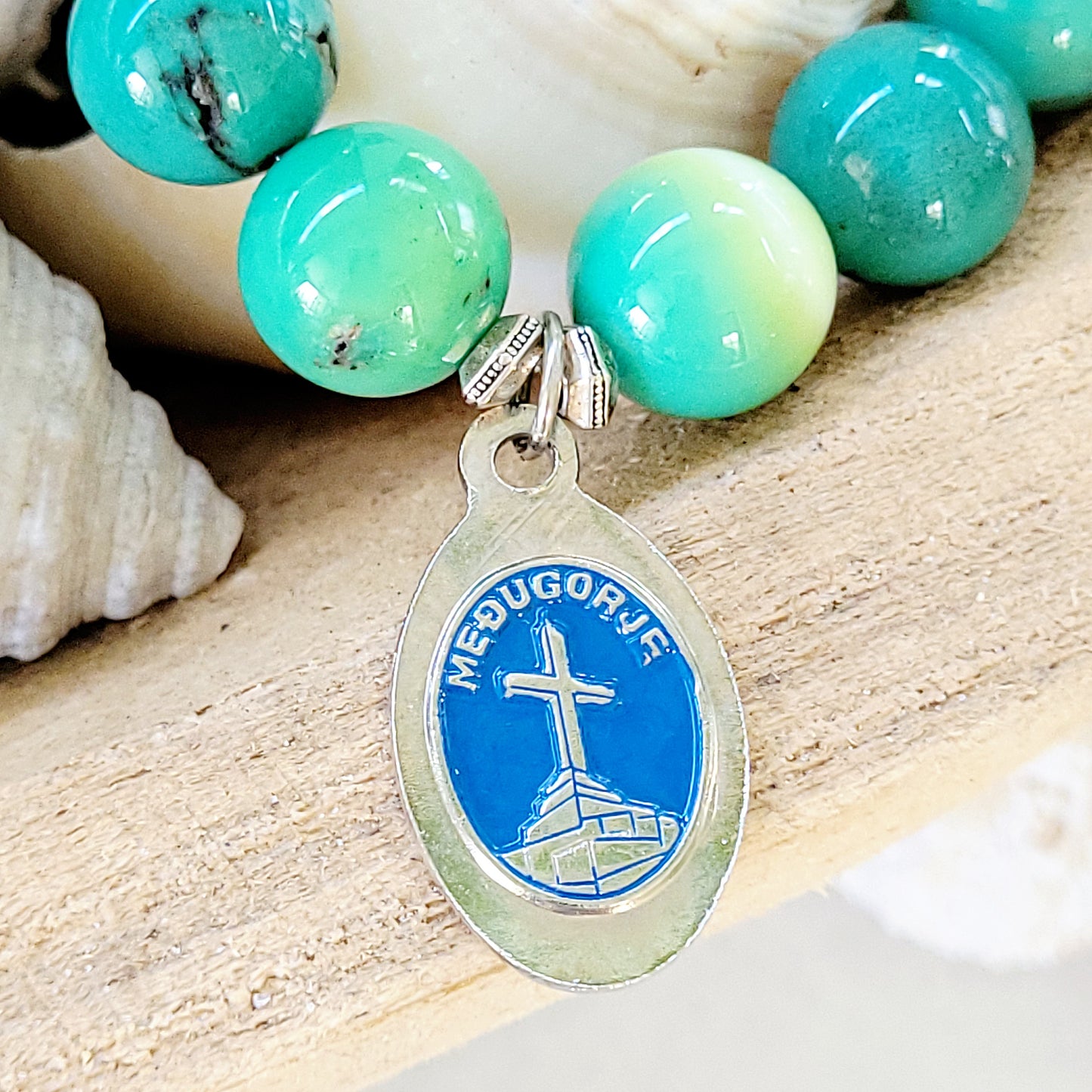 Green Jade 12mm Beaded Bracelet w/ Our Lady of Medjugorje Enameled Silver Medal