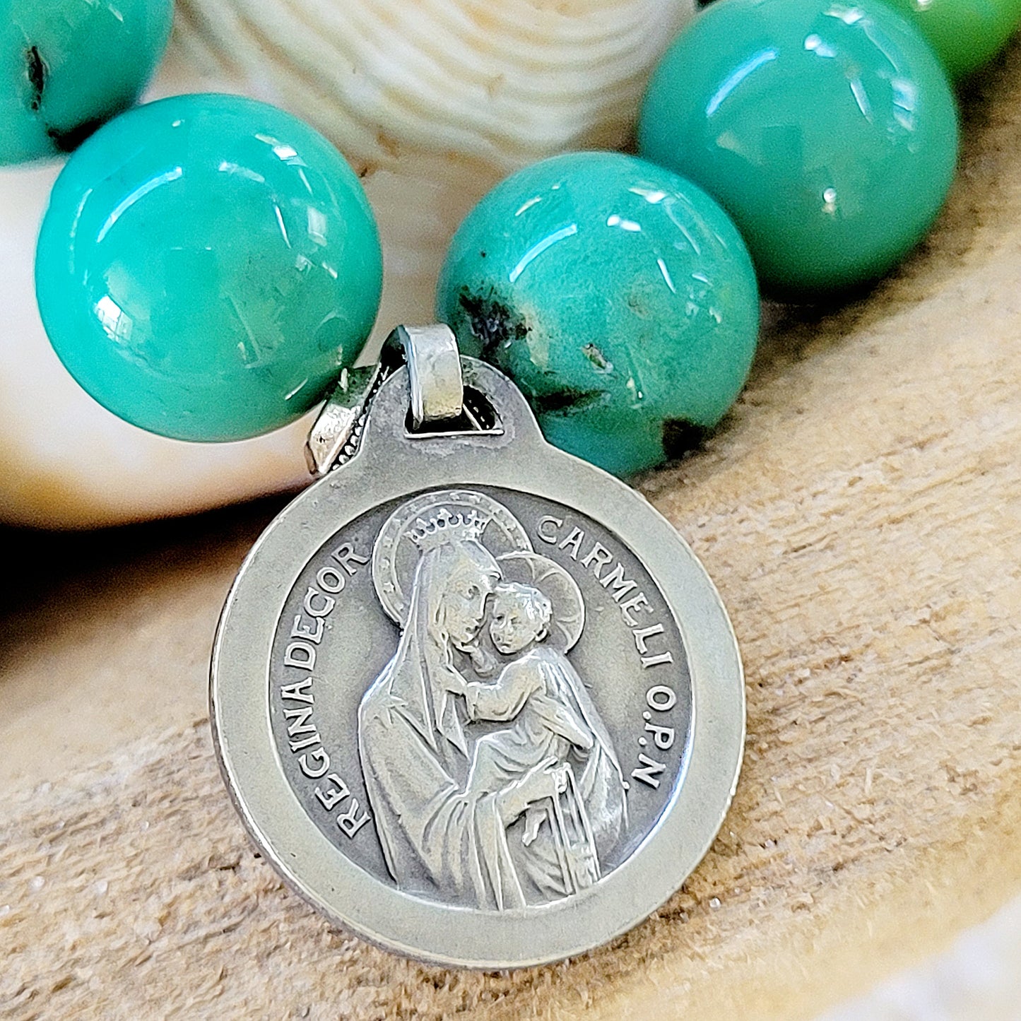 Green Jade 12mm Beaded Bracelet w/ Sacred Heart of Jesus / Our Lady of Mt. Carmel Silver Medal