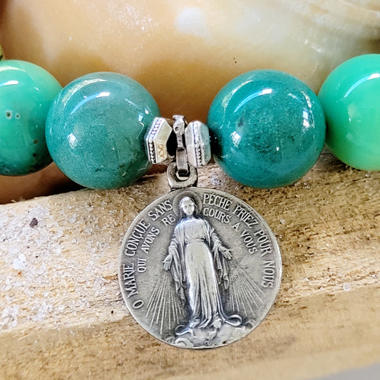 Green Jade 12mm Beaded Bracelet w/ Miraculous Medal of Mary