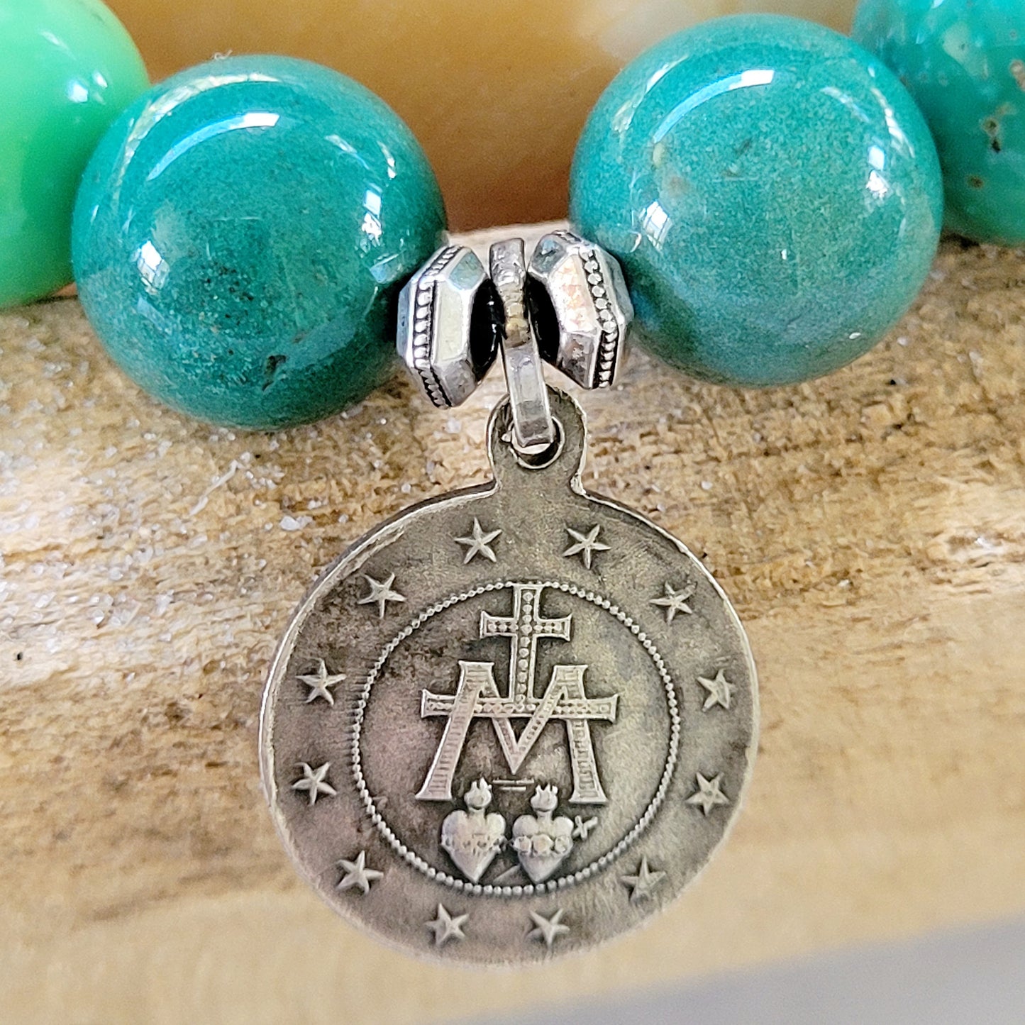 Green Jade 12mm Beaded Bracelet w/ Miraculous Medal of Mary
