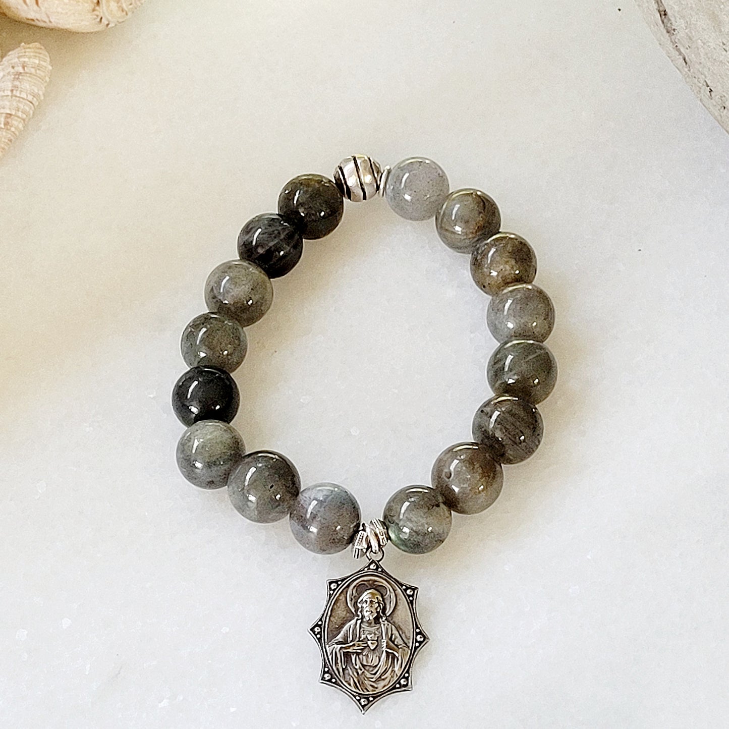 Labradorite Beaded 12mm Bracelet w/ Sterling Silver Sacred Heart of Jesus + Our Lady of Mount Carmel Medal