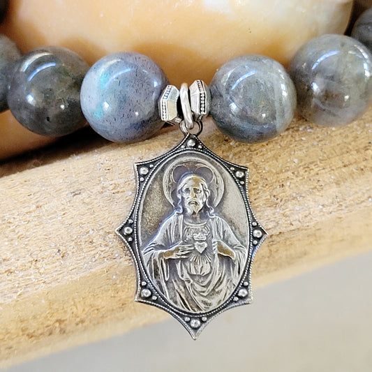 Labradorite Beaded 12mm Bracelet w/ Sterling Silver Sacred Heart of Jesus + Our Lady of Mount Carmel Medal