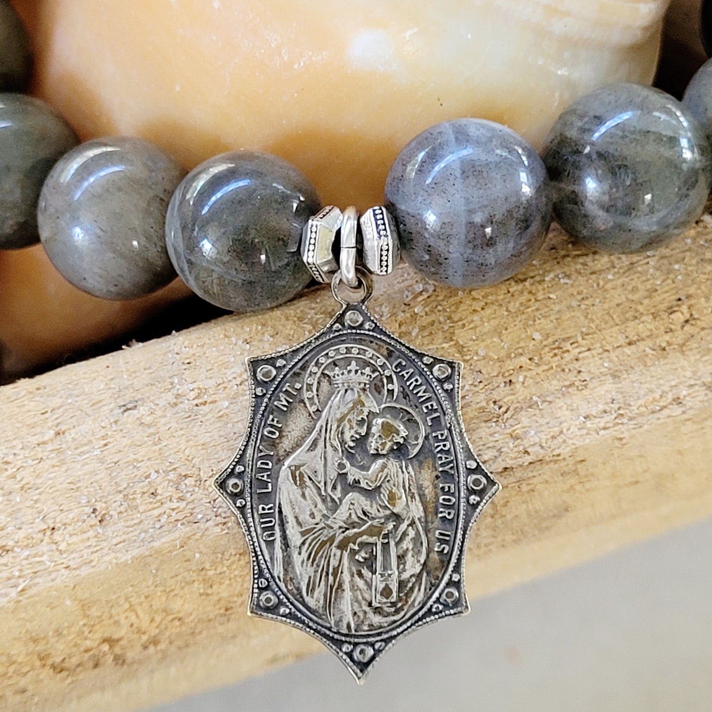 Labradorite Beaded 12mm Bracelet w/ Sterling Silver Sacred Heart of Jesus + Our Lady of Mount Carmel Medal