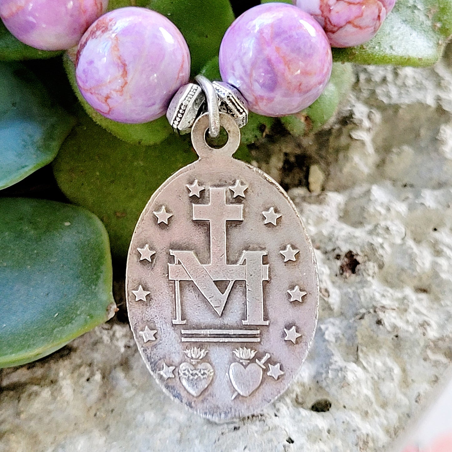 Pink Crazy Lace Agate 10mm Beaded Bracelet w/ Miraculous Medal of Mary Sterling Silver Medal