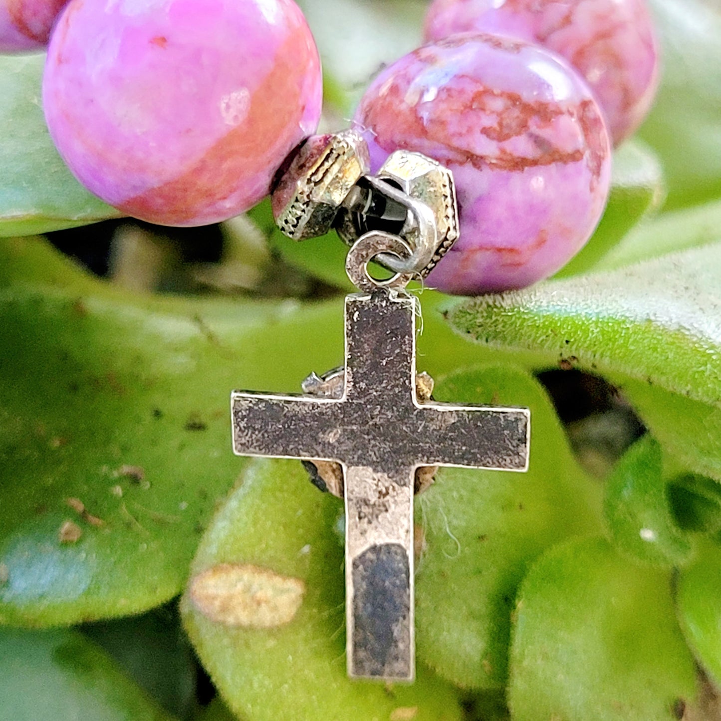 Pink Crazy Lace Agate 10mm Beaded Bracelet w/ Blessed Mother Mary Enameled Sterling Silver Cross