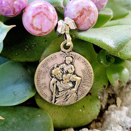 Pink Crazy Lace Agate 10mm Beaded Bracelet w/ St. Christopher Embossed Silver Medal