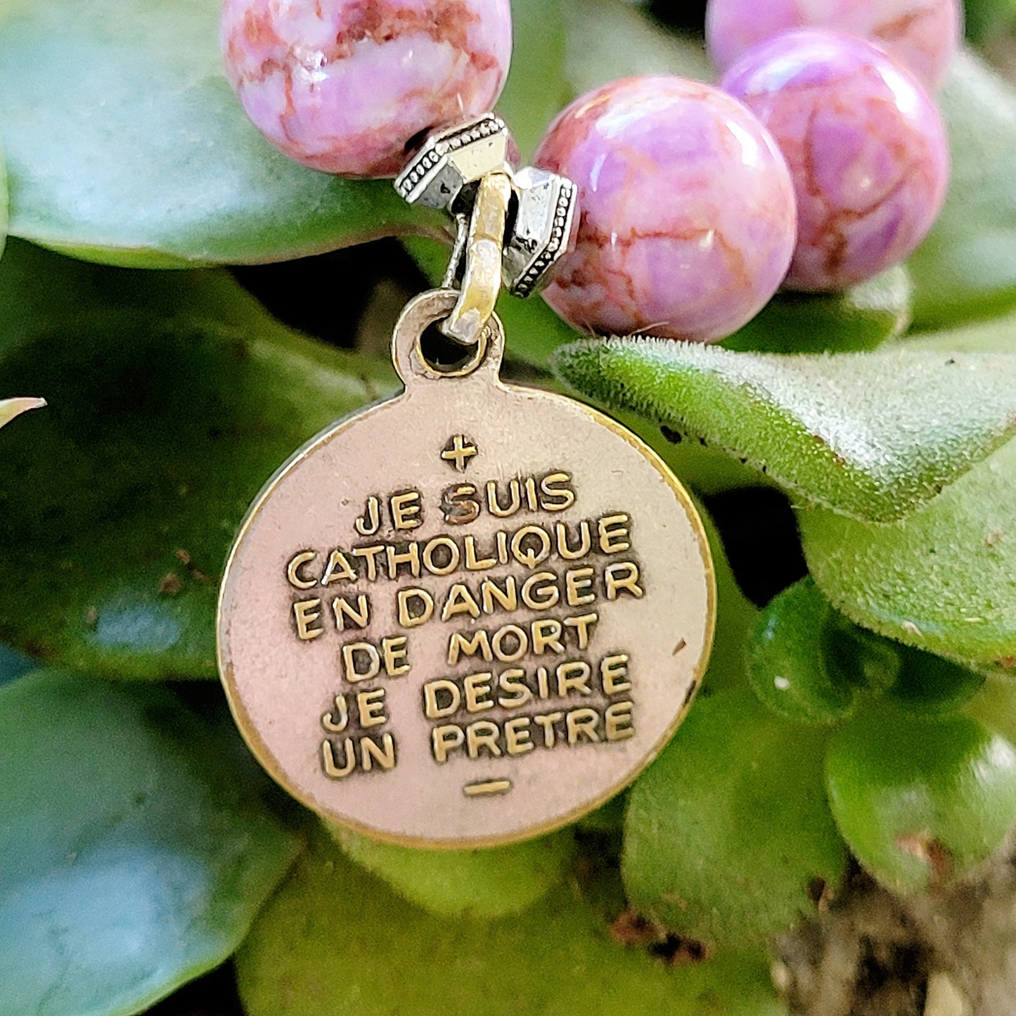 Pink Crazy Lace Agate 10mm Beaded Bracelet w/ St. Christopher Embossed Silver Medal