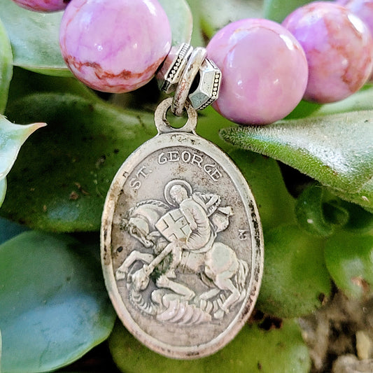 Pink Crazy Lace Agate 10mm Beaded Bracelet w/ St. George + St. Martin De Porres