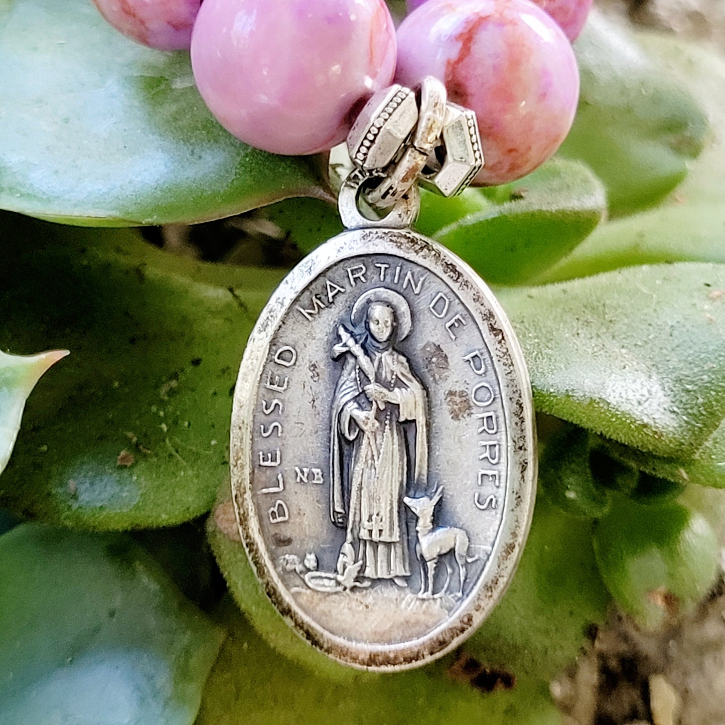 Pink Crazy Lace Agate 10mm Beaded Bracelet w/ St. George + St. Martin De Porres