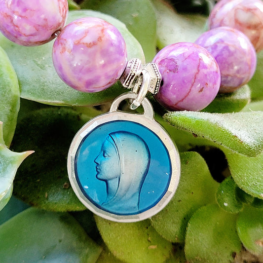 Pink Crazy Lace Agate 10mm Beaded Bracelet w/ Our Lady of Lourdes Enameled Medal