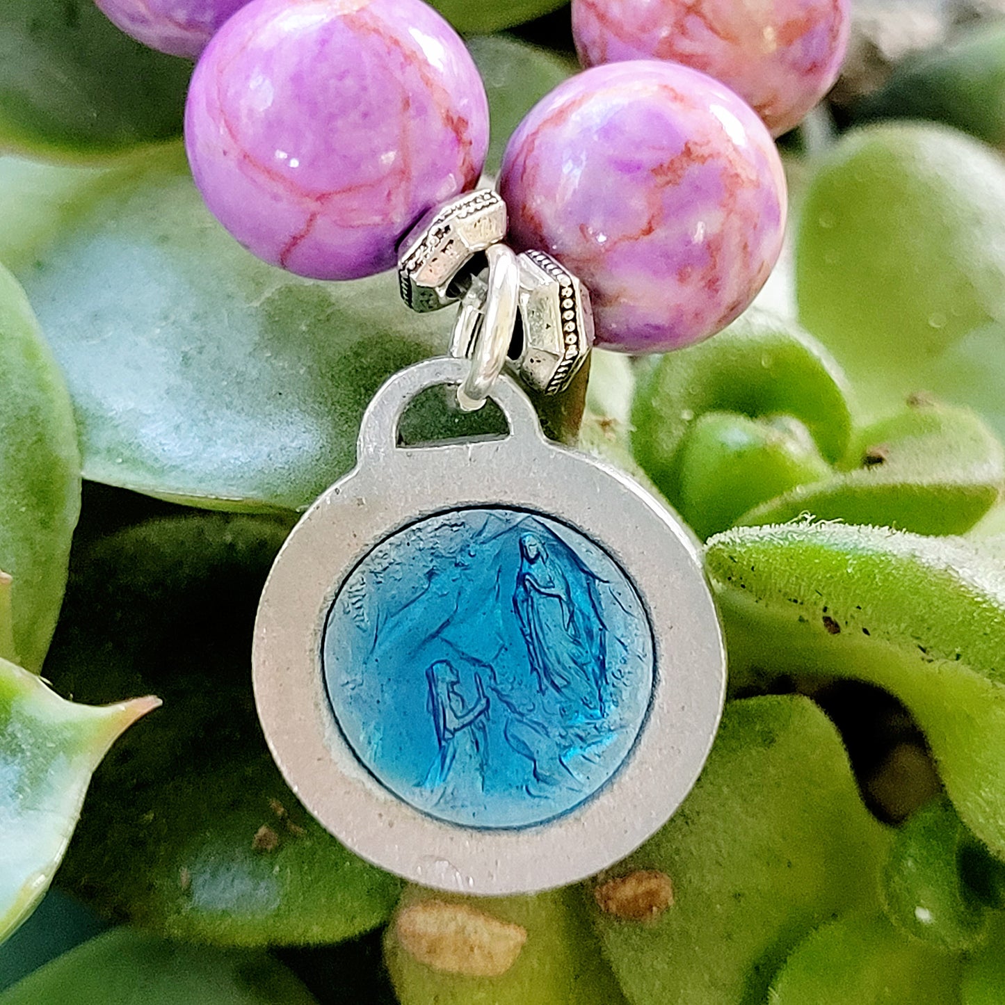 Pink Crazy Lace Agate 10mm Beaded Bracelet w/ Our Lady of Lourdes Enameled Medal