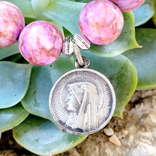 Pink Crazy Lace Agate 10mm Beaded Bracelet w/ Our Lady of Lourdes Sterling Silver Medal