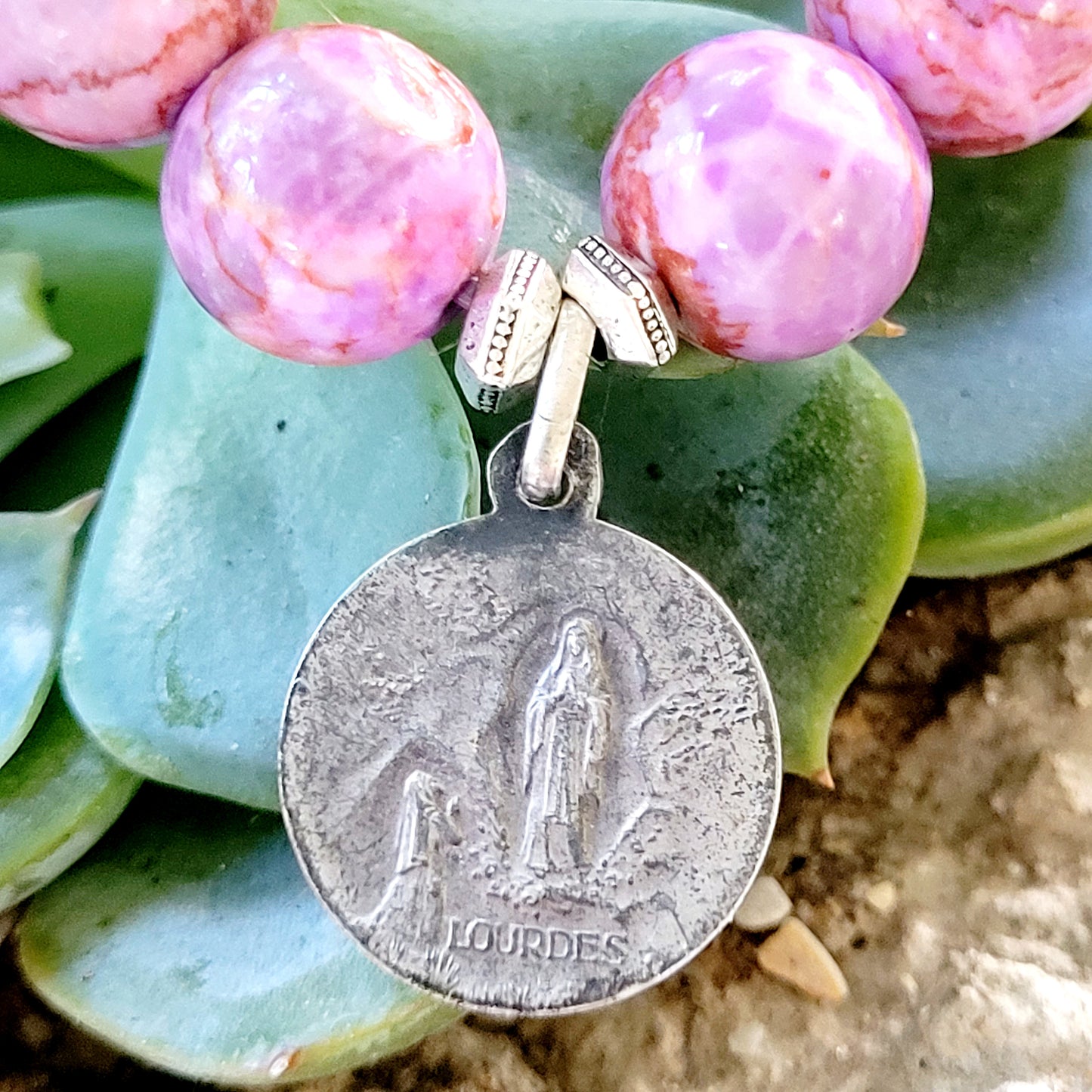 Pink Crazy Lace Agate 10mm Beaded Bracelet w/ Our Lady of Lourdes Sterling Silver Medal