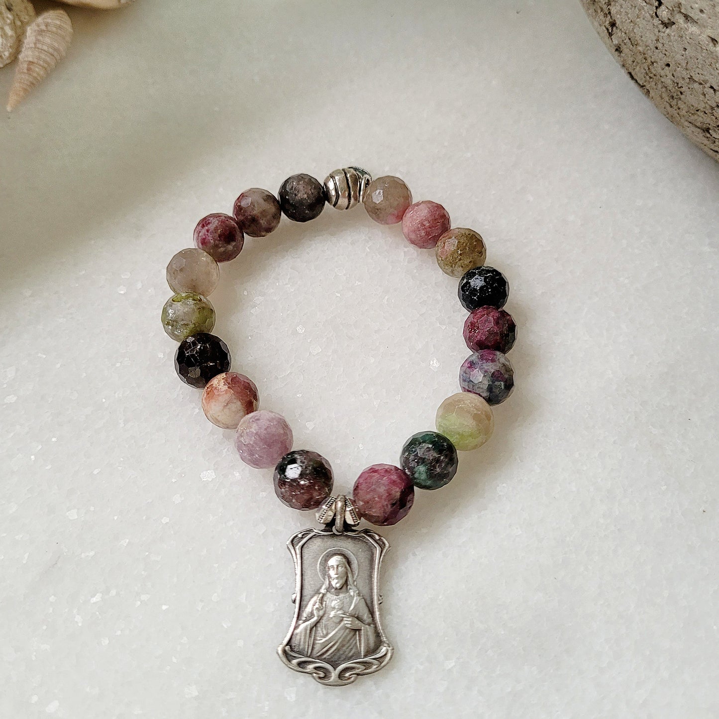 Red Sapphire Faceted 10mm Beaded Bracelet w/ Sacred Heart of Jesus + St. Therese of Lisieux Silver Medal