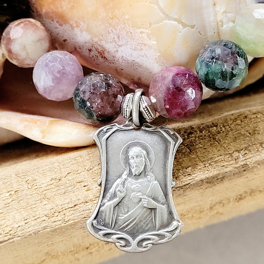 Red Sapphire Faceted 10mm Beaded Bracelet w/ Sacred Heart of Jesus + St. Therese of Lisieux Silver Medal