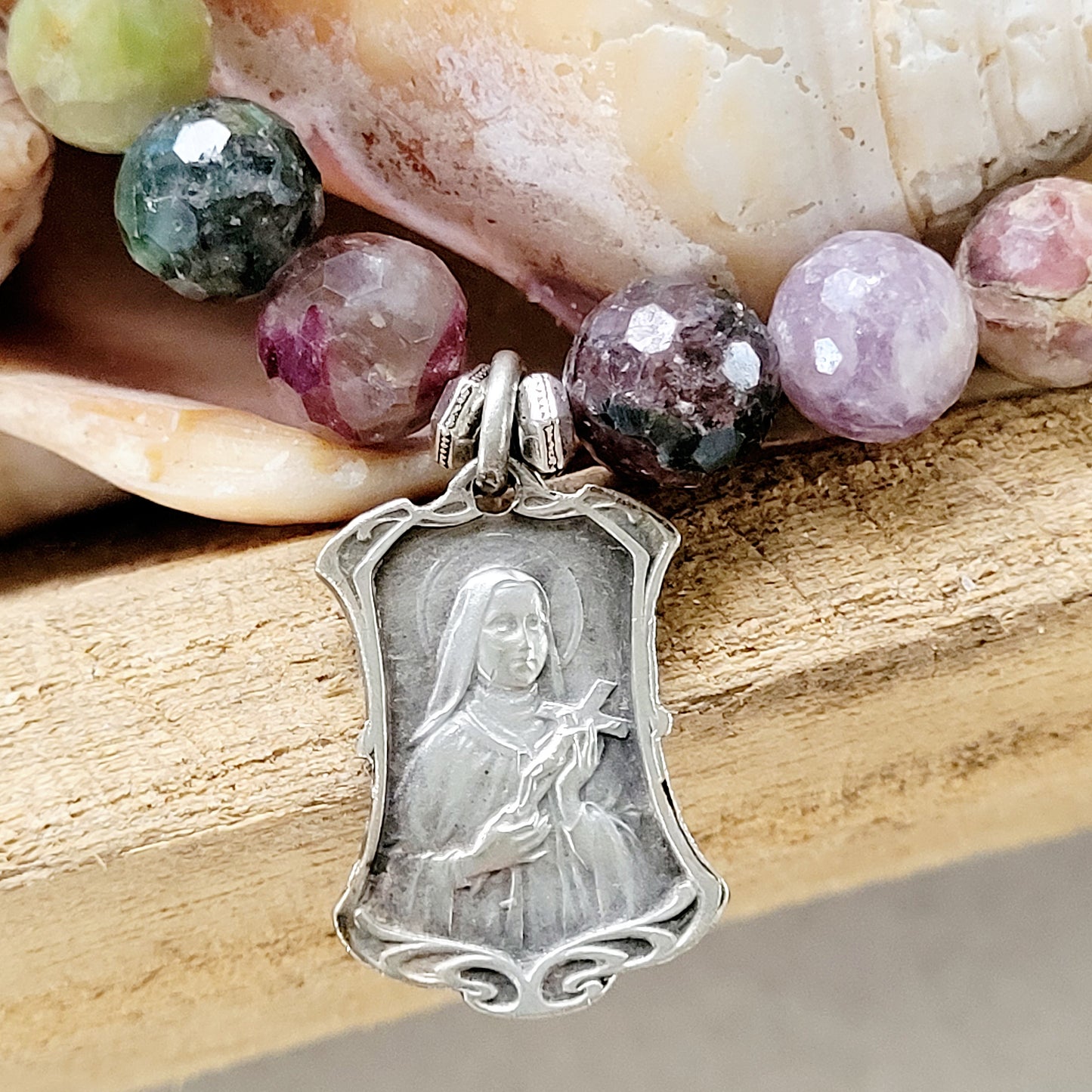 Red Sapphire Faceted 10mm Beaded Bracelet w/ Sacred Heart of Jesus + St. Therese of Lisieux Silver Medal