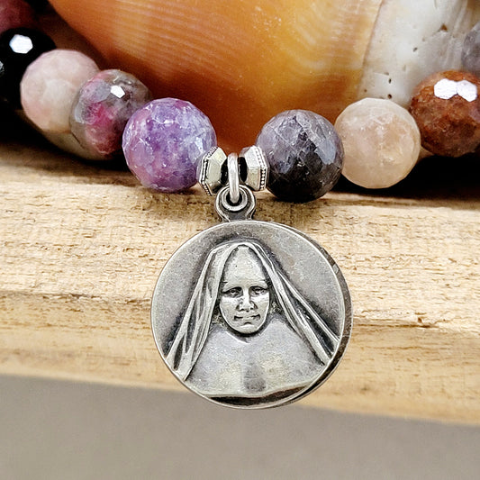 Red Sapphire Faceted 10mm Beaded Bracelet w/ Blessed Blandine Mertea Silver Relic Medal