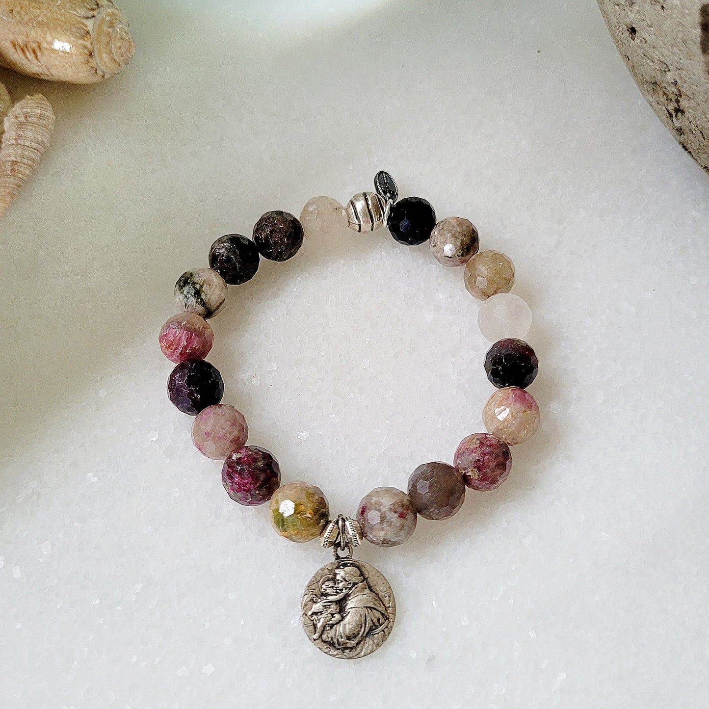 Red Sapphire Faceted 10mm Beaded Bracelet w/ St. Anthony of Padua Silver Medal