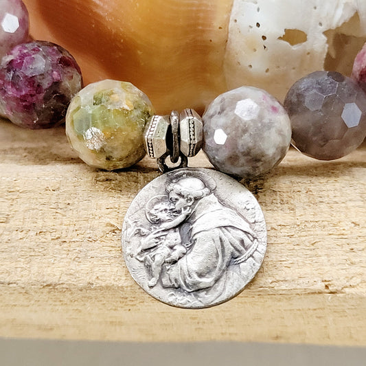 Red Sapphire Faceted 10mm Beaded Bracelet w/ St. Anthony of Padua Silver Medal