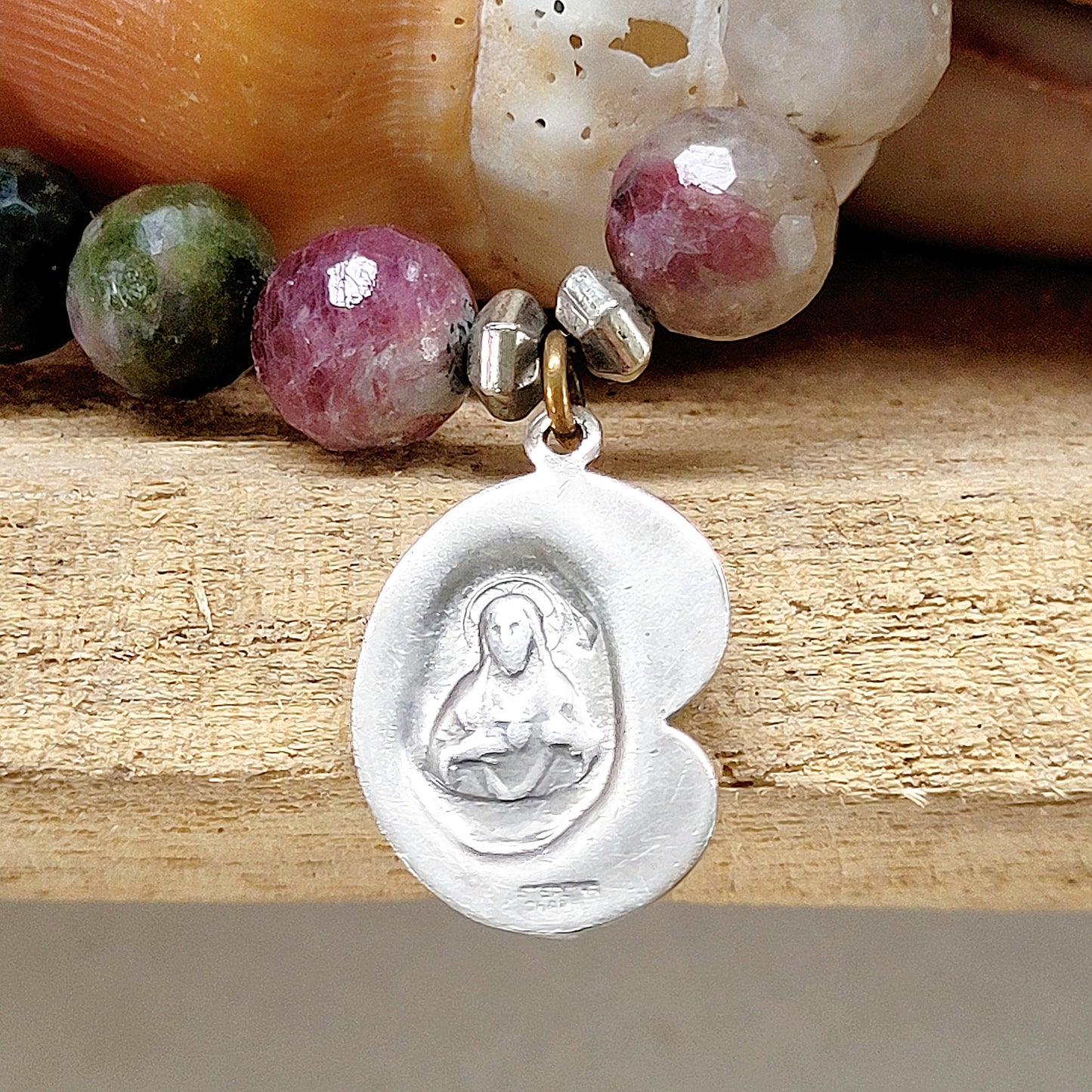 Red Sapphire Faceted 10mm Beaded Bracelet w/ Blessed Mother Mary + Child Jesus Sterling Silver Medal