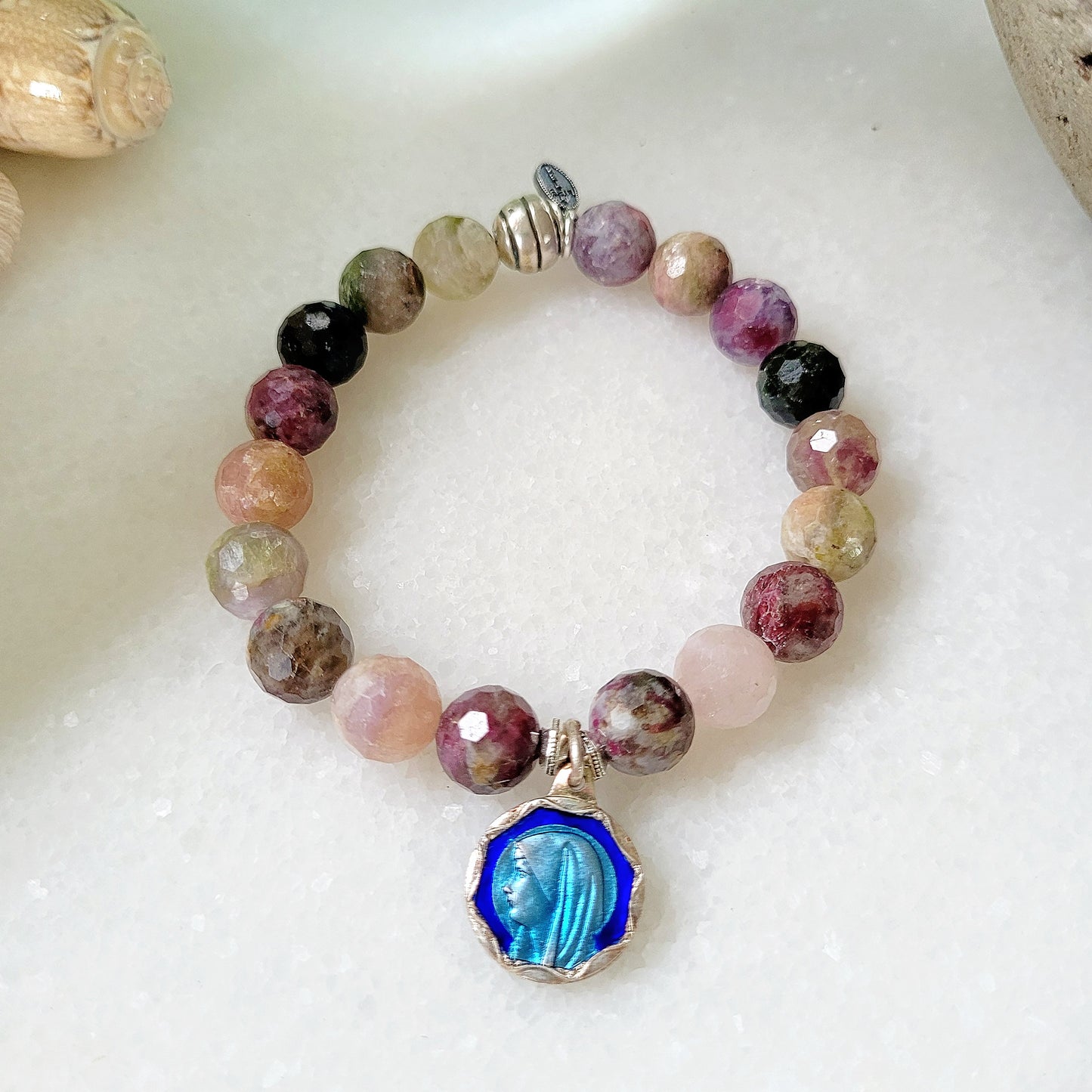 Red Sapphire Faceted 10mm Beaded Bracelet w/ Our Lady of Lourdes Enameled Medal