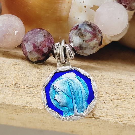 Red Sapphire Faceted 10mm Beaded Bracelet w/ Our Lady of Lourdes Enameled Medal