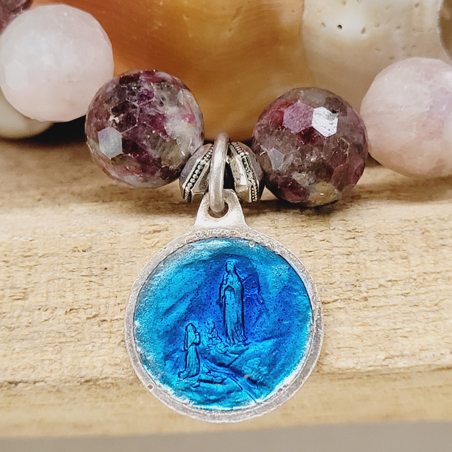 Red Sapphire Faceted 10mm Beaded Bracelet w/ Our Lady of Lourdes Enameled Medal