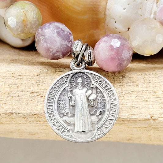 Red Sapphire Faceted 10mm Beaded Bracelet w/ St. Benedict Sterling Silver Medal