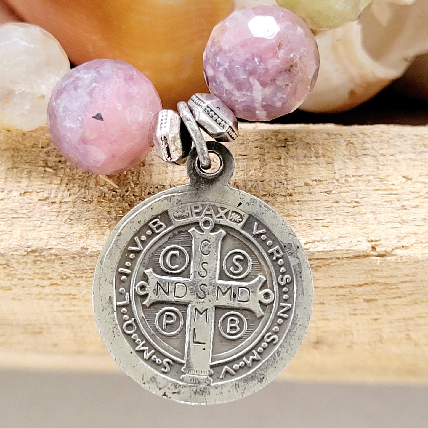 Red Sapphire Faceted 10mm Beaded Bracelet w/ St. Benedict Sterling Silver Medal