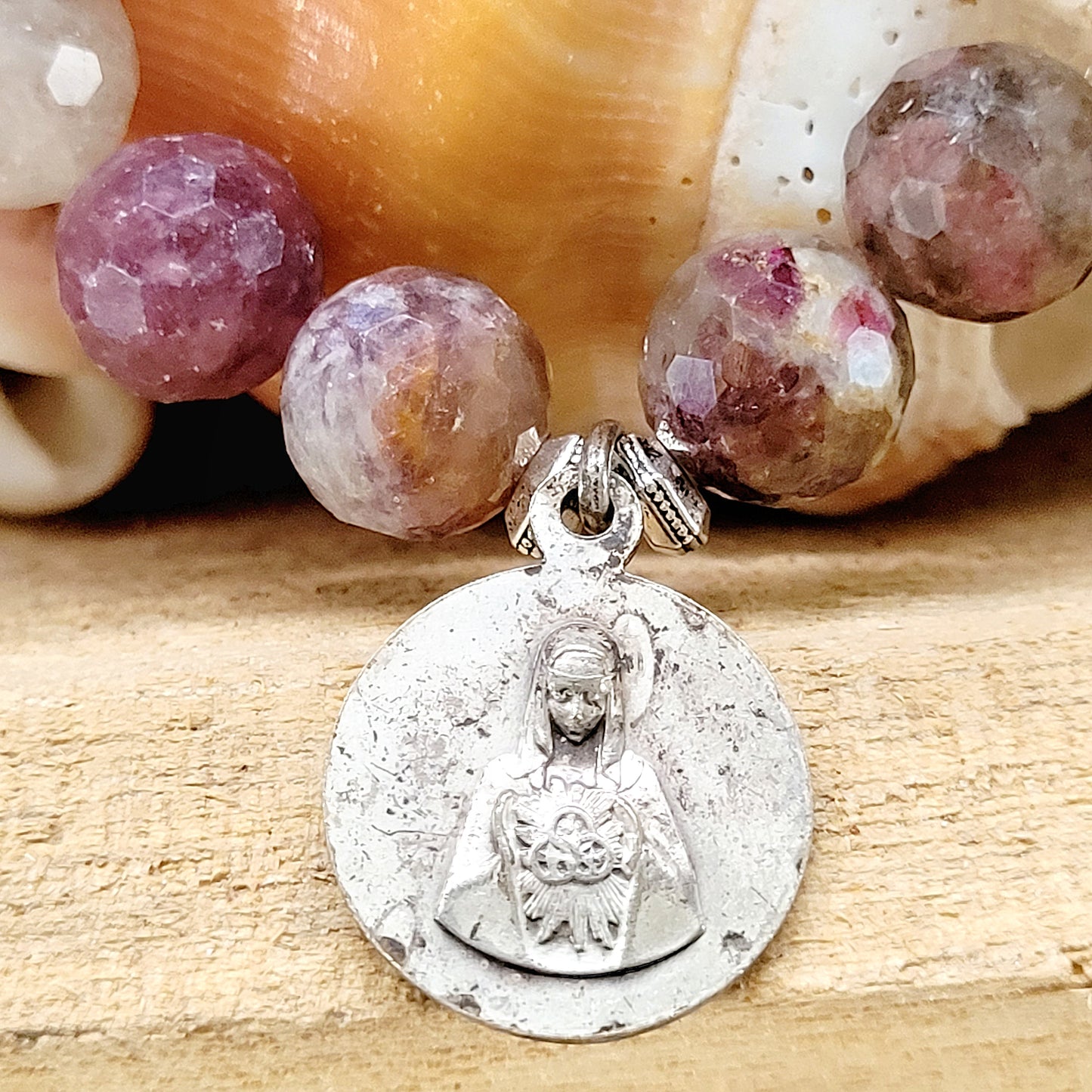 Red Sapphire Faceted 10mm Beaded Bracelet w/ St. Francis / St. Clare of Assisi Silver Medal