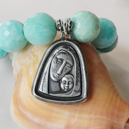 Brazilian Amazonite Faceted 14mm Beaded Bracelet w/ Blessed Mother w/ Baby Jesus Medal