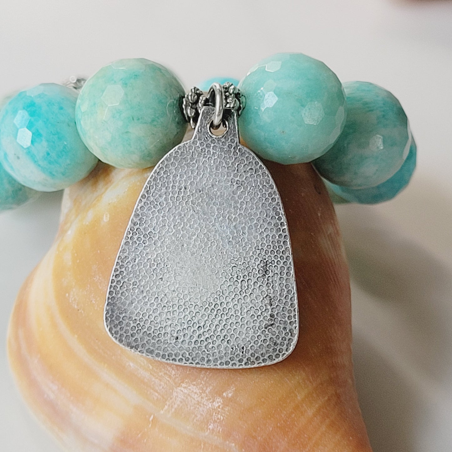 Brazilian Amazonite Faceted 14mm Beaded Bracelet w/ Blessed Mother w/ Baby Jesus Medal