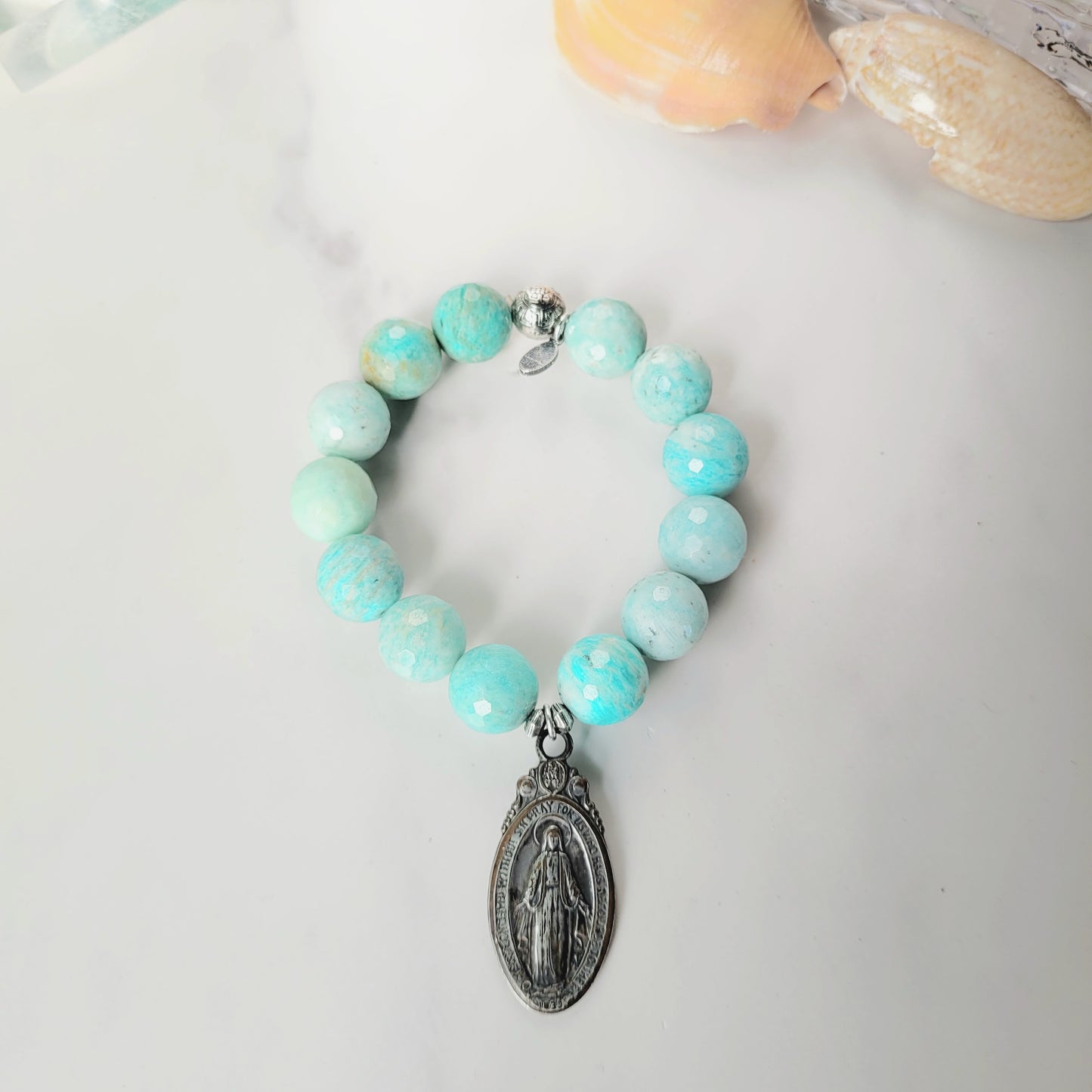 Brazilian Amazonite Faceted 14mm Beaded Bracelet w/ Miraculous Medal and St. Christopher on back side