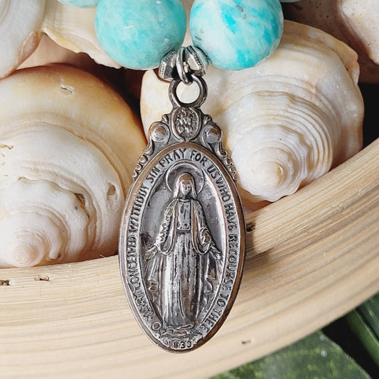 Brazilian Amazonite Faceted 14mm Beaded Bracelet w/ Miraculous Medal and St. Christopher on back side