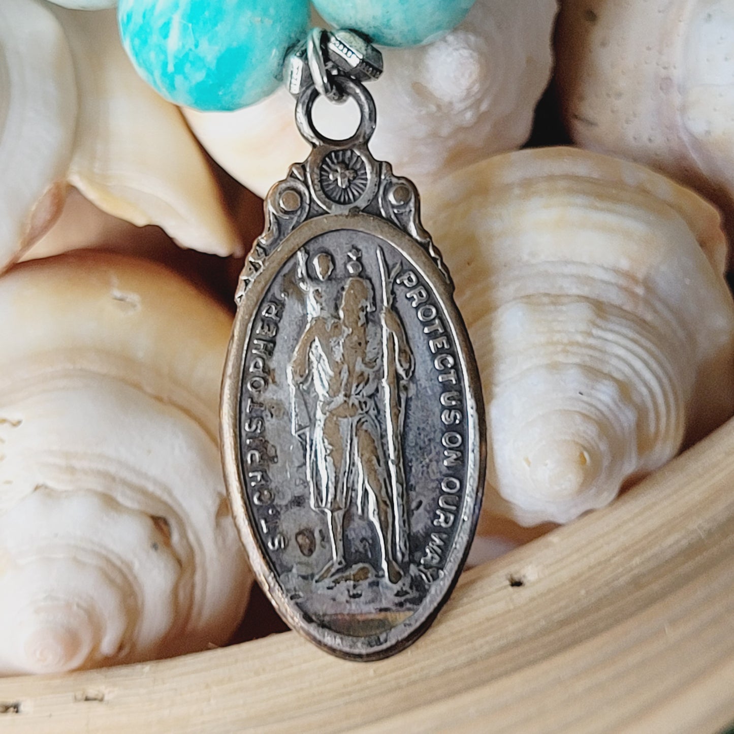 Brazilian Amazonite Faceted 14mm Beaded Bracelet w/ Miraculous Medal and St. Christopher on back side