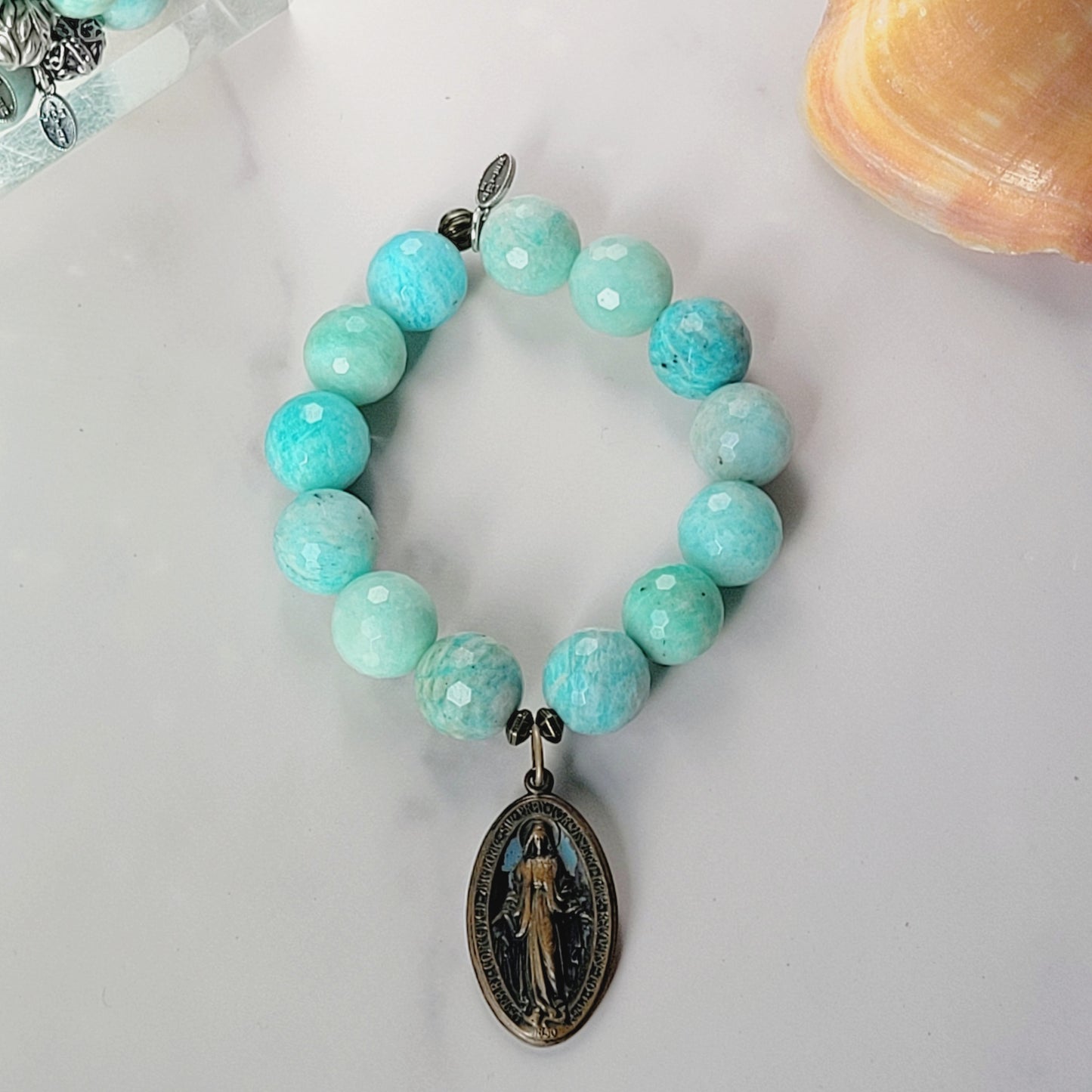 Brazilian Amazonite Faceted 14mm Beaded Bracelet w/ Bronze Miraculous Medal