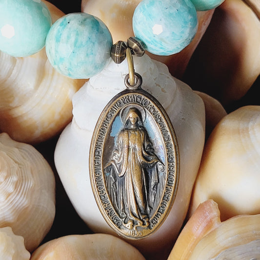 Brazilian Amazonite Faceted 14mm Beaded Bracelet w/ Bronze Miraculous Medal