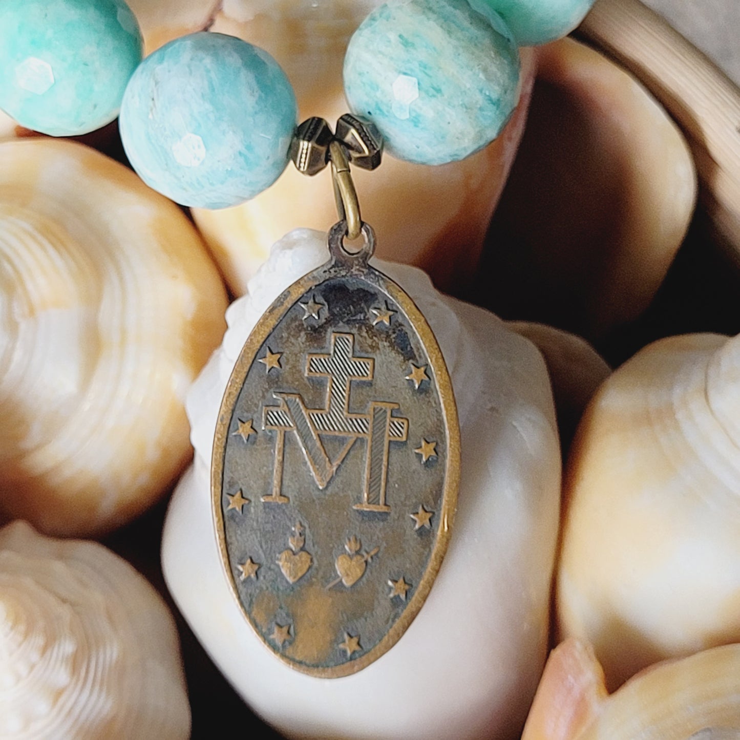 Brazilian Amazonite Faceted 14mm Beaded Bracelet w/ Bronze Miraculous Medal