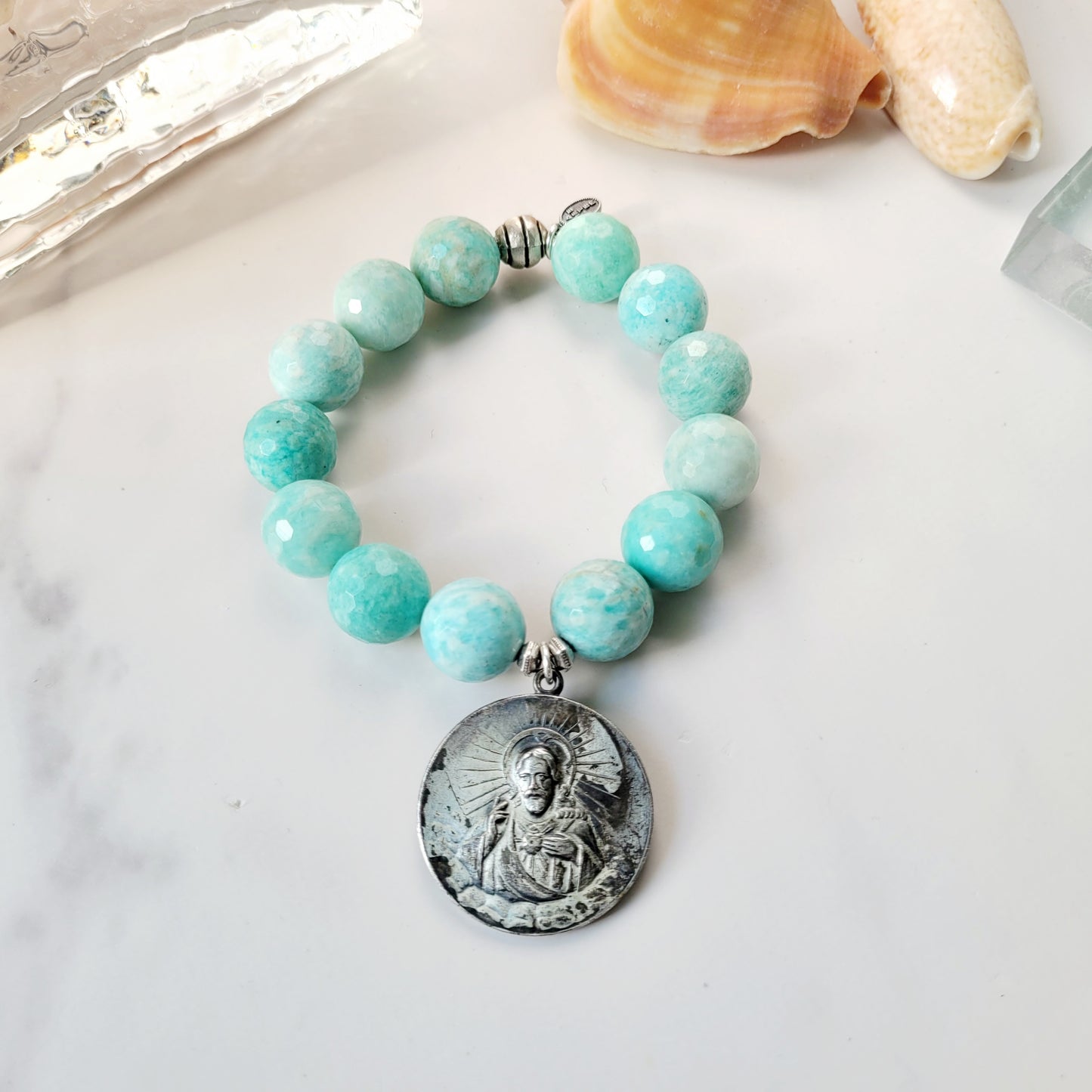 Brazilian Amazonite Faceted 14mm Beaded Bracelet w/ Vintage Sacred Heart of Jesus & Our Lady of Mount Carmel Medal