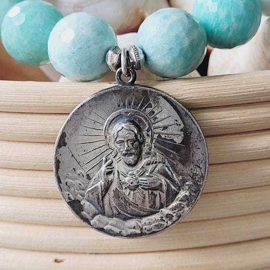 Brazilian Amazonite Faceted 14mm Beaded Bracelet w/ Vintage Sacred Heart of Jesus & Our Lady of Mount Carmel Medal