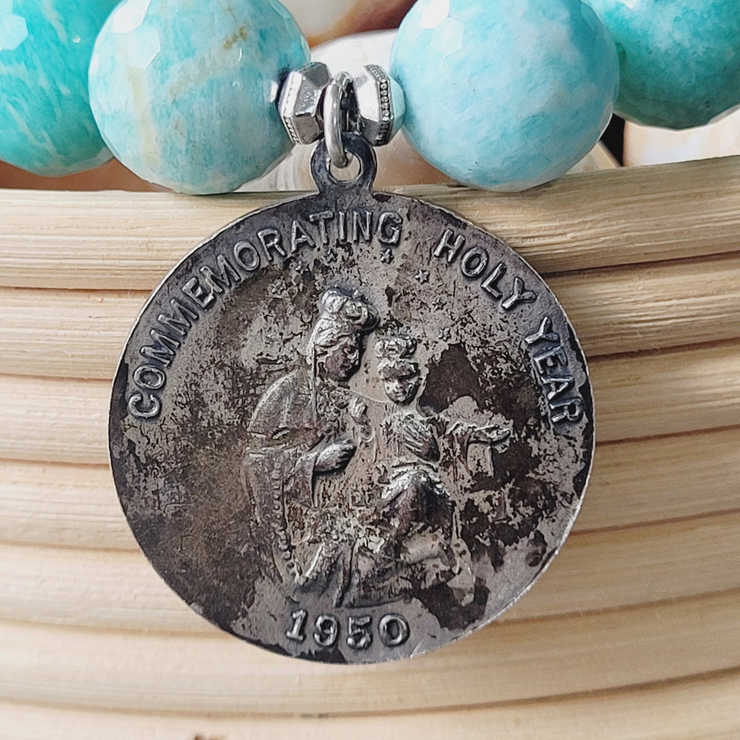 Brazilian Amazonite Faceted 14mm Beaded Bracelet w/ Vintage Sacred Heart of Jesus & Our Lady of Mount Carmel Medal