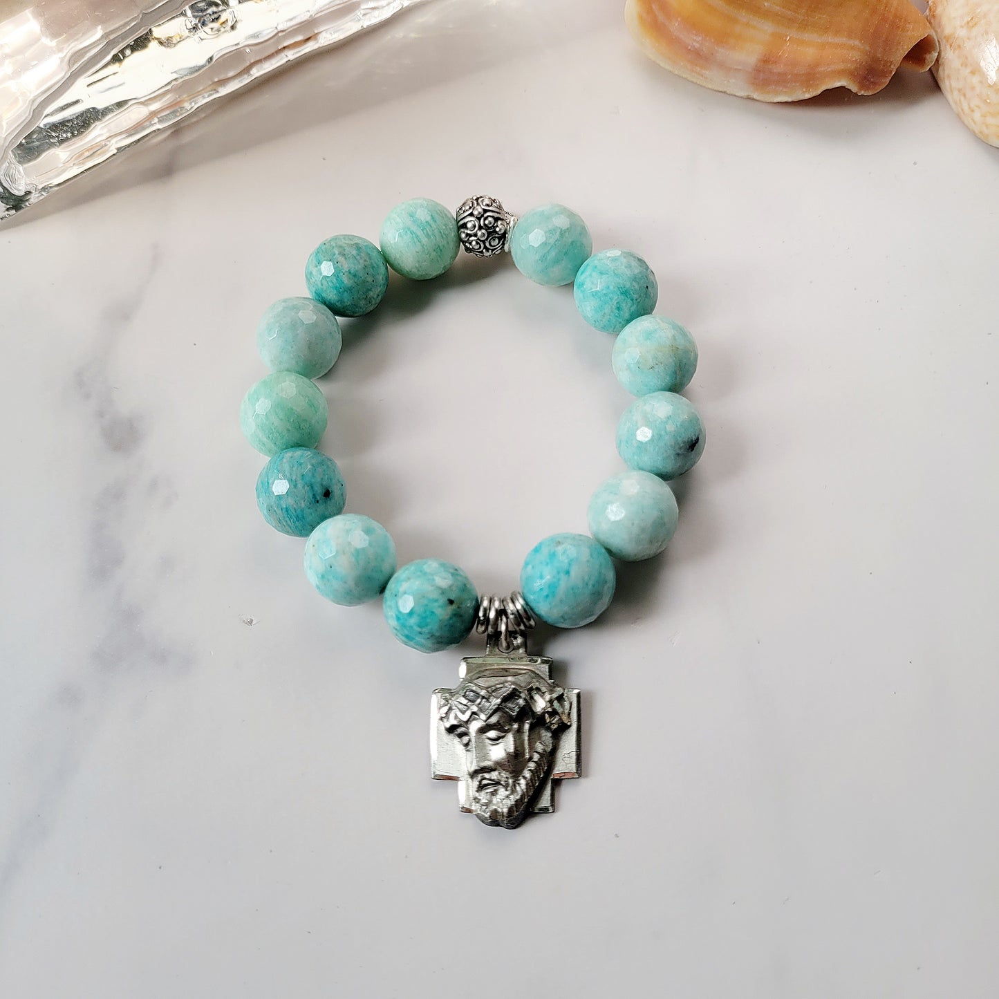 Brazilian Amazonite Faceted 14mm Beaded Bracelet w/ Crucified Christ Cross Medal in Sterling Silver