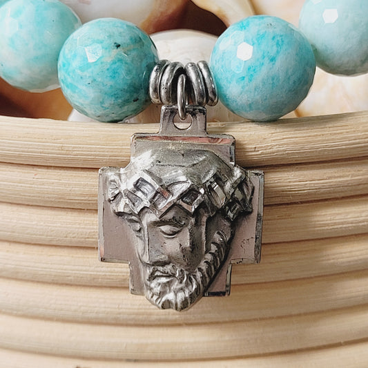 Brazilian Amazonite Faceted 14mm Beaded Bracelet w/ Crucified Christ Cross Medal in Sterling Silver