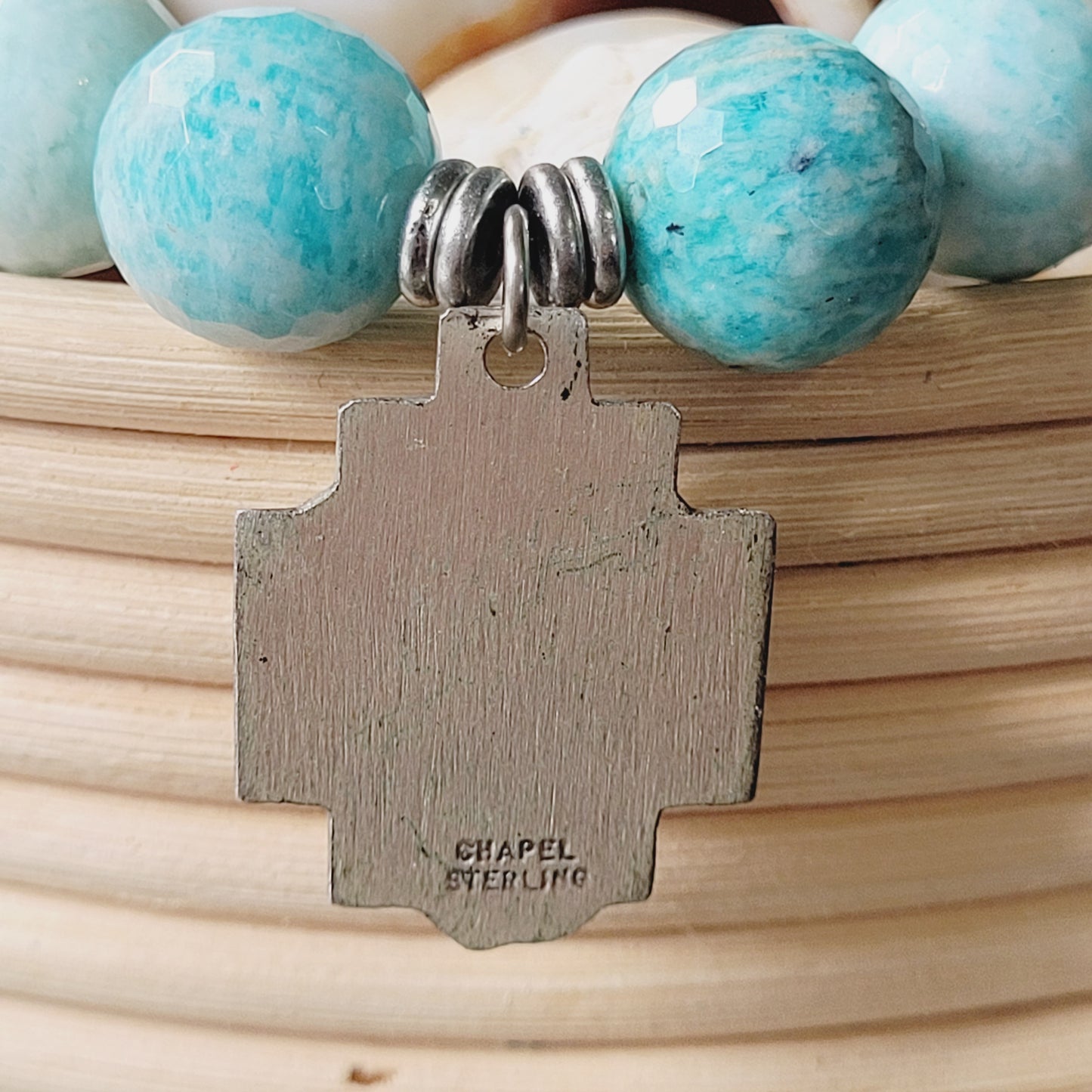 Brazilian Amazonite Faceted 14mm Beaded Bracelet w/ Crucified Christ Cross Medal in Sterling Silver