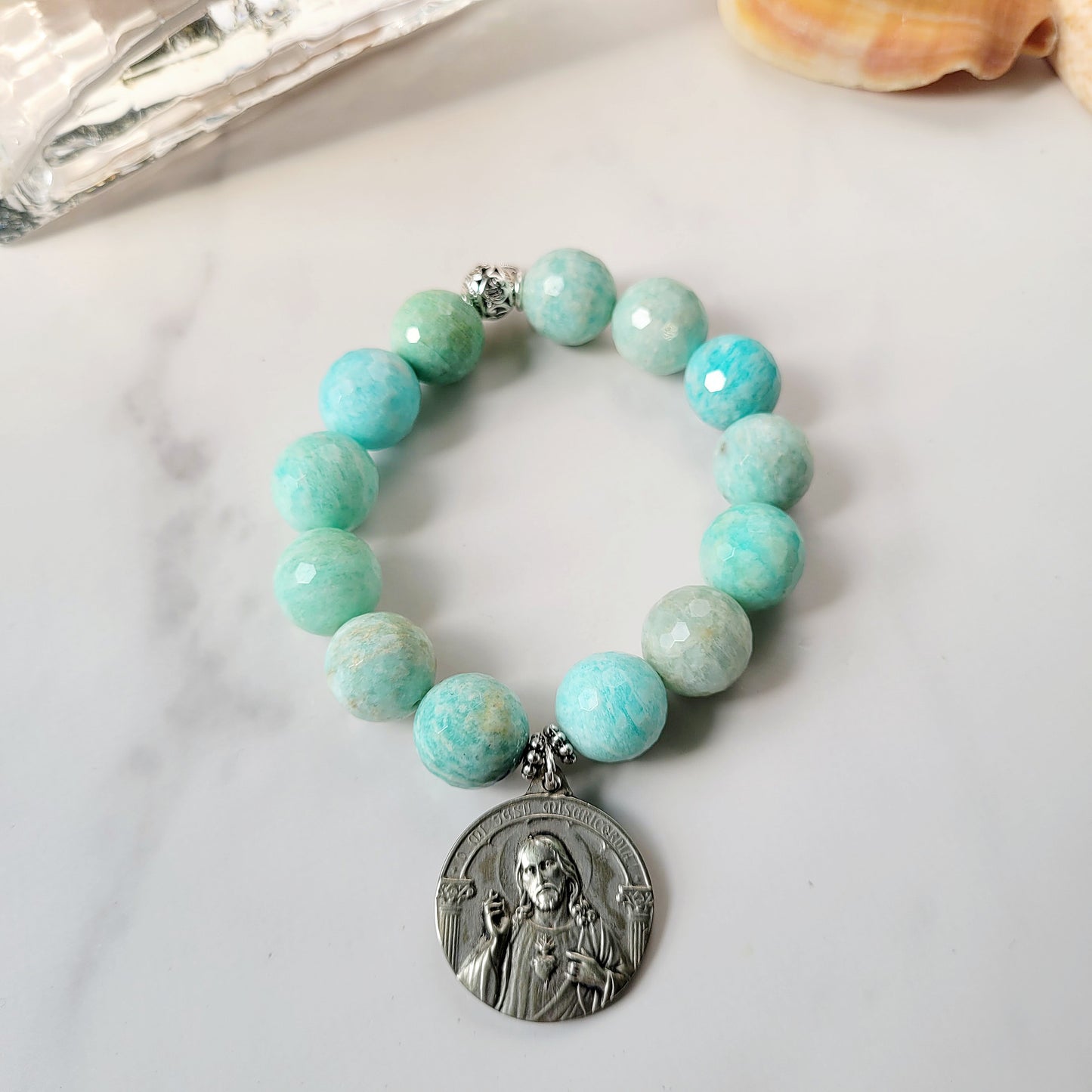 Brazilian Amazonite Faceted 14mm Beaded Bracelet w/ The Sacred Heart of Jesus & St. Joseph holding Baby Jesus Medal