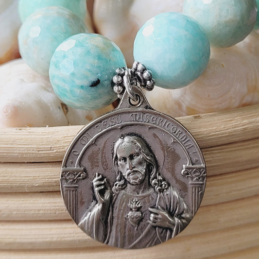 Brazilian Amazonite Faceted 14mm Beaded Bracelet w/ The Sacred Heart of Jesus & St. Joseph holding Baby Jesus Medal