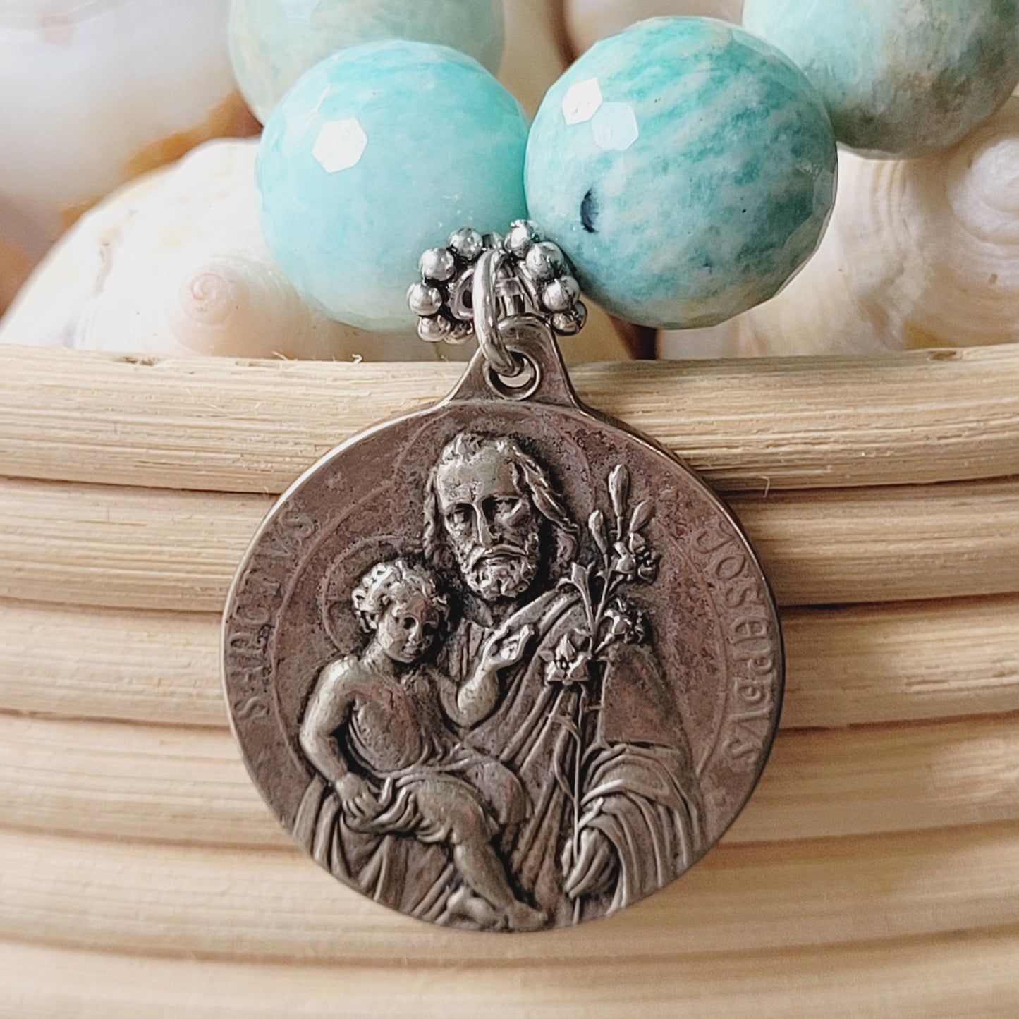 Brazilian Amazonite Faceted 14mm Beaded Bracelet w/ The Sacred Heart of Jesus & St. Joseph holding Baby Jesus Medal
