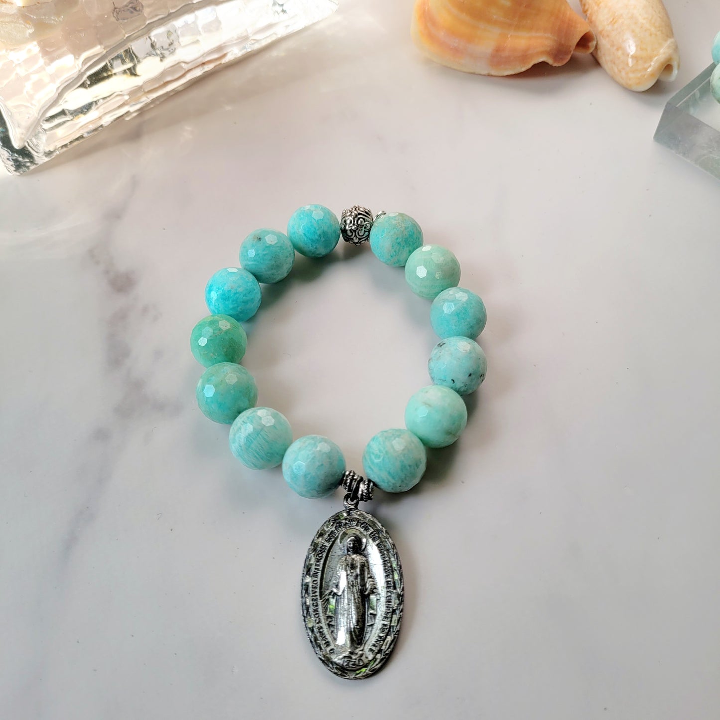 Brazilian Amazonite Faceted 14mm Beaded Bracelet w/ Large Sterling Silver Miraculous Medal