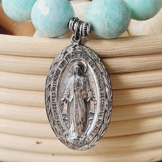 Brazilian Amazonite Faceted 14mm Beaded Bracelet w/ Large Sterling Silver Miraculous Medal